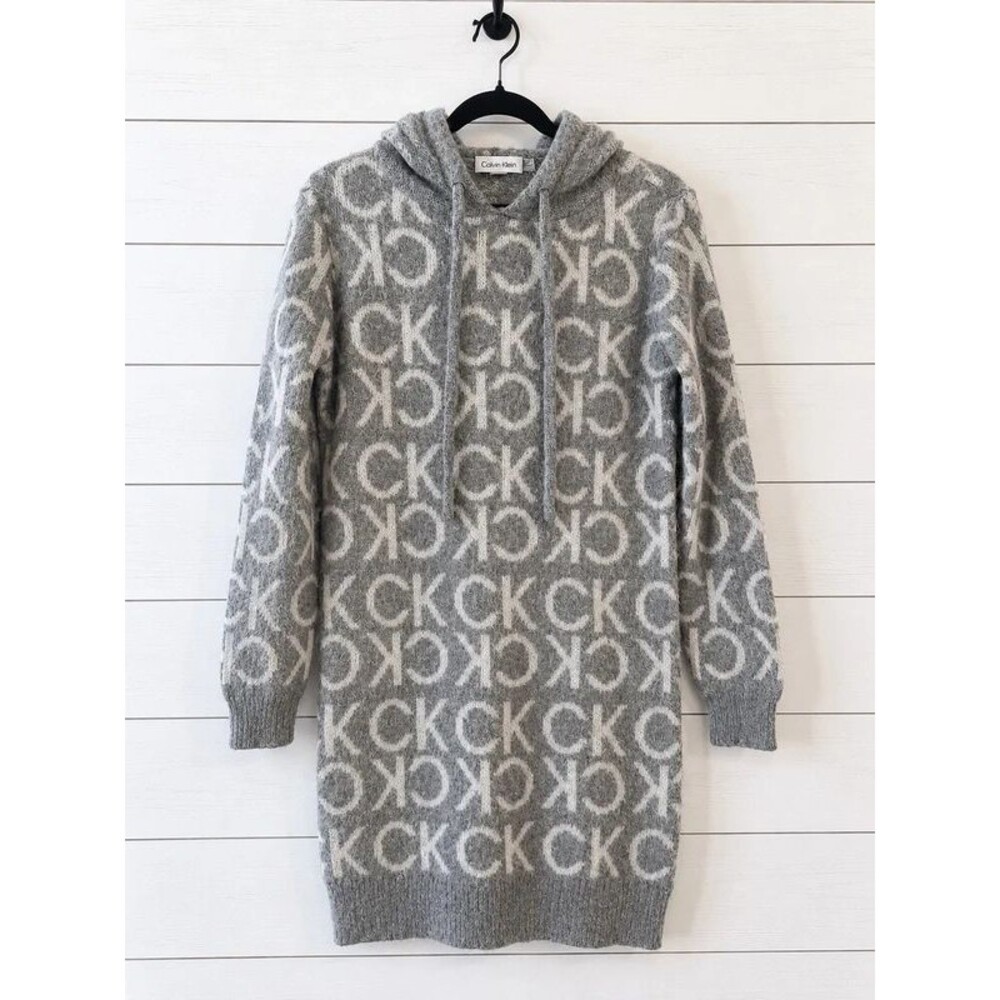 Small Calvin Klein Gray Monogram Hooded Sweater Dress